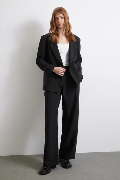 Bel Detaylı Wide Leg Pantolon Siyah - 1