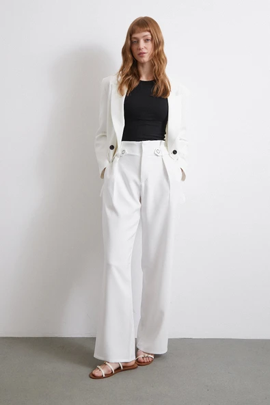 Bel Detaylı Wide Leg Pantolon Ekru - Resim 3