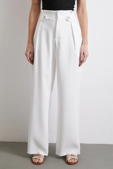 Bel Detaylı Wide Leg Pantolon Ekru - Resim 4