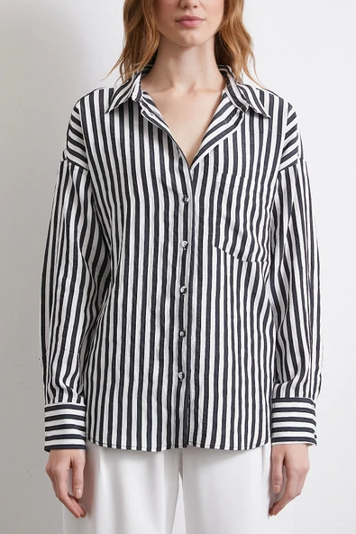 Multi Çizgili Cepli Gömlek Siyah - Resim 5