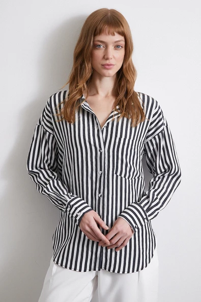 Multi Çizgili Cepli Gömlek Siyah - Resim 4