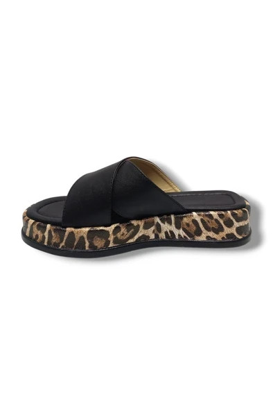 Efsun 3007-25 Deri Leopar Çapraz Bant Anatomik Kadın Terlik - Resim 6