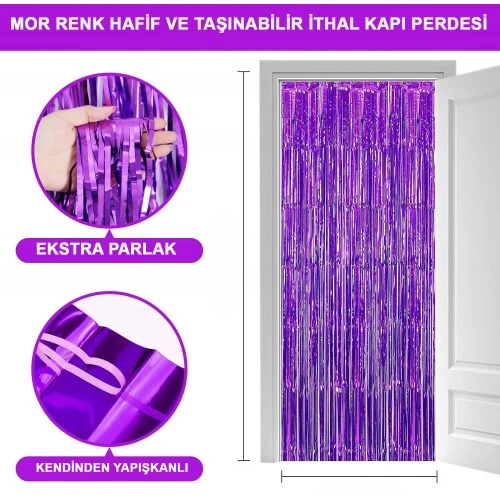 Mor Ekstra Metalize Saçaklı Arka Fon Perde TdrTR