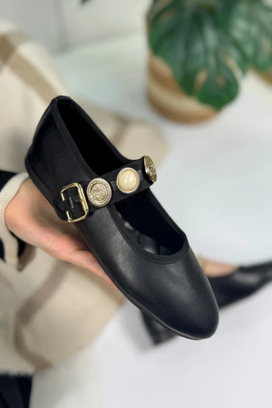 Günlük Kadın Babet İnci Bantlı Ayarlanabilir Tokalı Oval Burunlu Hafif Rahat Ayakkabı 379 - 2