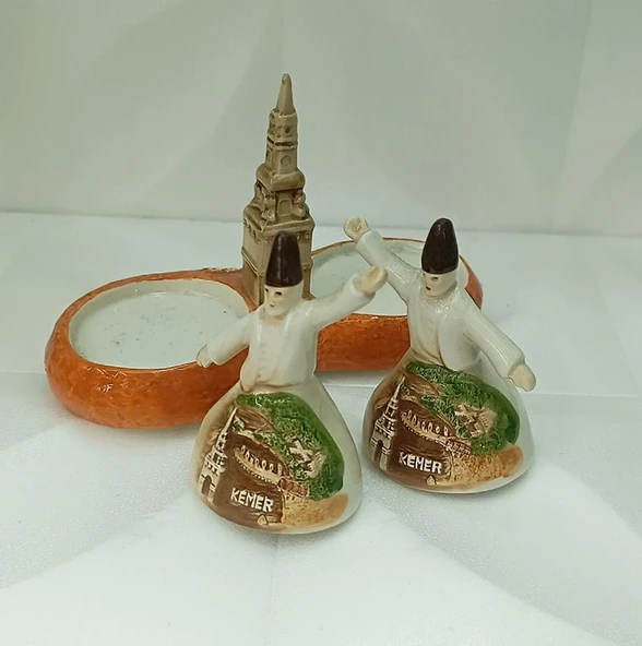 Baharatlık Tuzluk Biberlik Semazen Kemer Yazılı Kule Tabaklı Seramik Mutfak - 2