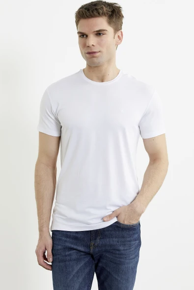 Sıfır Yaka Basic Tişört - Beyaz - 2