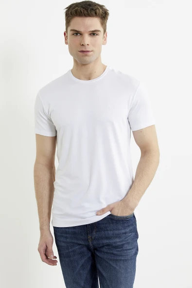 Sıfır Yaka Basic Tişört - Beyaz - 3