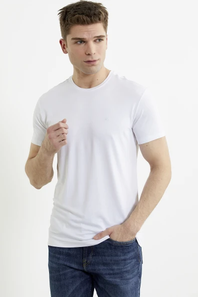 Sıfır Yaka Basic Tişört - Beyaz - 4