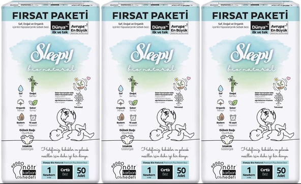 Sleepy Bebek Bezi Bio Natural Beden:1 (2-5KG) Yeni Doğan Newborn 150 Adet Aylık Fırsat Pk