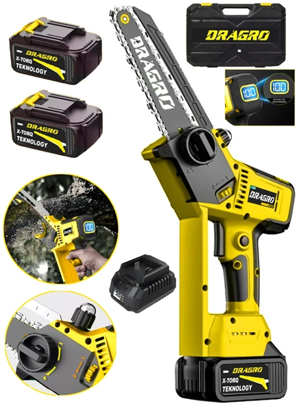 Dragro Alman 21 V 3000 Mah  Dijital Göstergeli Dal Budama Testeresi Kömürsüz Otomatik Yağlamalı 10 pilli
