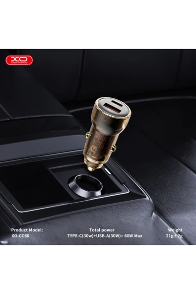 Xo CC60 Araç İçi Şarj Cihazı Type-C,60W Çift Hızlı Şarj,USB-A ve USB-C Portları,Aşırı Isınma Koruması - 3