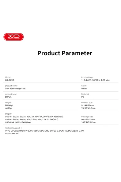 Xo CE16 Çoklu Hızlı Şarj Adaptörü,GaN,2 Cihaza Kadar Şarj,1 Type-C 1 Usb-A,45W Max Power,Akım Korumalı - 4