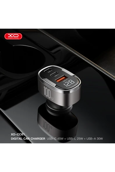 Xo 100W Araç Hızlı Şarj Adaptörü CC61,Dijital Ekran|Hızlı Şarj,1x USB-C,1x USB-A,1x Lightning - 4