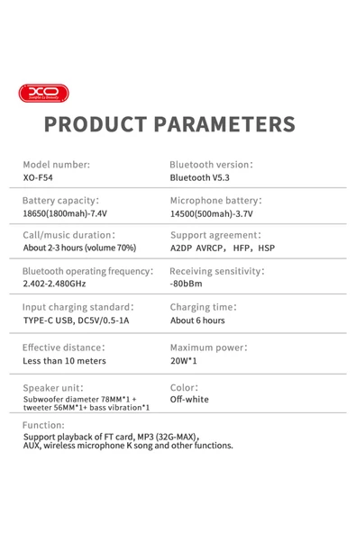 Xo Bluetooth Kablosuz Hoparlör Karaoke Mikrofonu F54,20W,3000mAh,TWS Eşleştirme,FM Radyo,TF Kart,RGB - 6