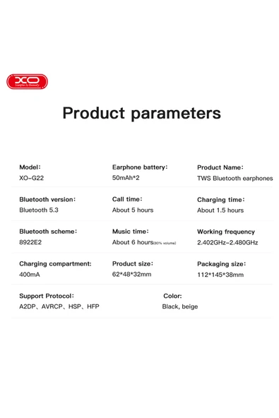 Xo TWS Kablosuz Kulaklık G22,6 Saat Müzik Süresi,ANC&ENC,IPX4 Suya Dayanıklı,Dokunmatik Kontrol,400mAh - 6