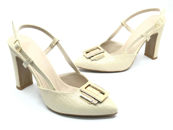 Feles Toka Detaylı Kalın Ökçe Arkası Açık Stiletto Kadın Topuklu Ayakkabı - Resim 2