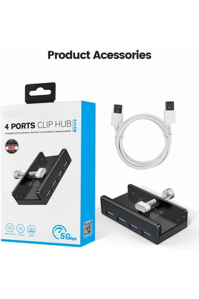 Coverzone 5 Gbps USB 3.0 Hub Kelepçe  , Ekstra Güç Kaynağı Bağlantı Noktası 4 Portlu Bölücü MH4PU Siyah uyumlu - 7