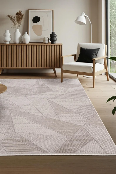 Leon LN003K Bej Halı Modern Desen Pamuk Taban Akrilik Tozuaz Salon Yatak Odası Koridor Halısı 120 X 180 BEJ