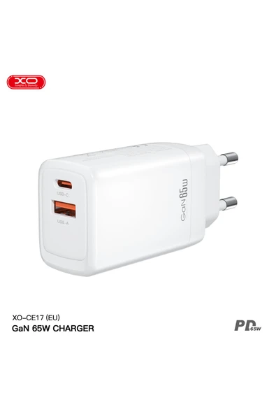 Xo CE17 Çoklu Hızlı Şarj Adaptörü,GaN,2 Cihaza Kadar Şarj,1 Type-C 1 Usb-A,65W Max Power,Akım Korumalı