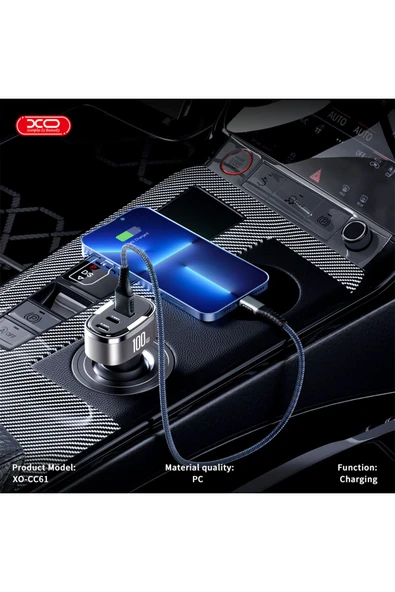 Xo 100W Araç Hızlı Şarj Adaptörü CC61,Dijital Ekran|Hızlı Şarj,1x USB-C,1x USB-A,1x Lightning - 3