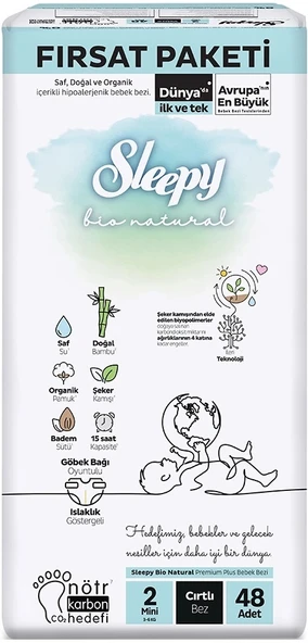 Sleepy Bebek Bezi Bio Natural Beden:2 (3-6KG) Mini 96 Adet Ekonomik Fırsat Pk - Resim 2