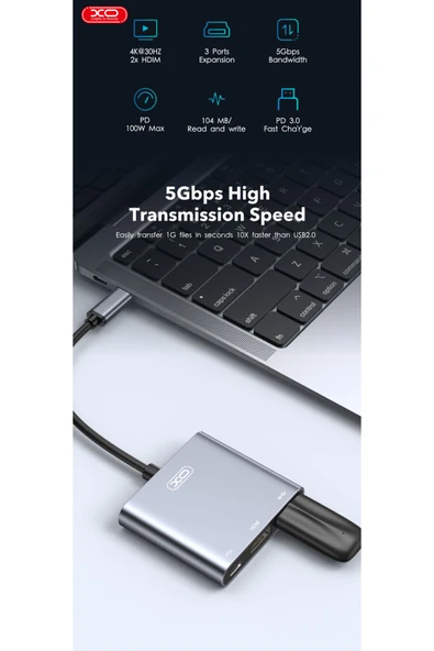 Xo Usb-c Dock Istasyonu,hub011,4k 30hz Hdmı,usb 3.0,100w Pd Şarj Desteği,5 Gbps Veri Aktarma - 4