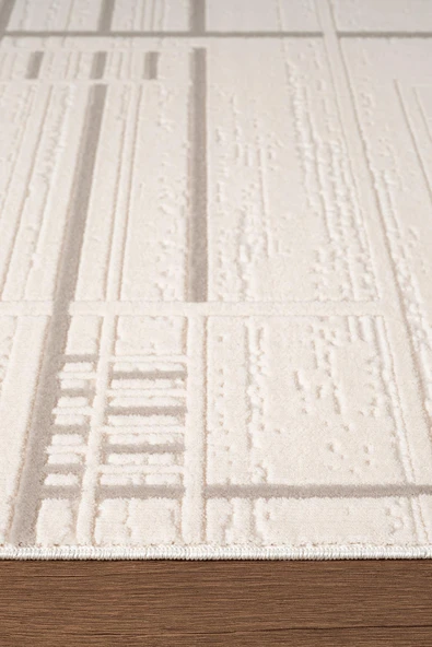 Leon LN004A Krem Halı Modern Desen Pamuk Taban Akrilik Tozuaz Salon Yatak Odası Koridor Halısı Özel Ölçü KREM - Resim 7