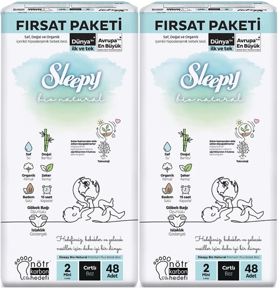 Sleepy Bebek Bezi Bio Natural Beden:2 (3-6KG) Mini 96 Adet Ekonomik Fırsat Pk ürün görseli