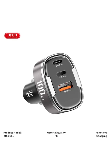 Xo 100W Araç Hızlı Şarj Adaptörü CC61,Dijital Ekran|Hızlı Şarj,1x USB-C,1x USB-A,1x Lightning - 5