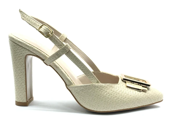 Feles Toka Detaylı Kalın Ökçe Arkası Açık Stiletto Kadın Topuklu Ayakkabı - Resim 6