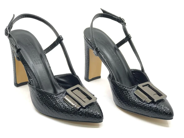 Feles Toka Detaylı Kalın Ökçe Arkası Açık Stiletto Kadın Topuklu Ayakkabı - Resim 10