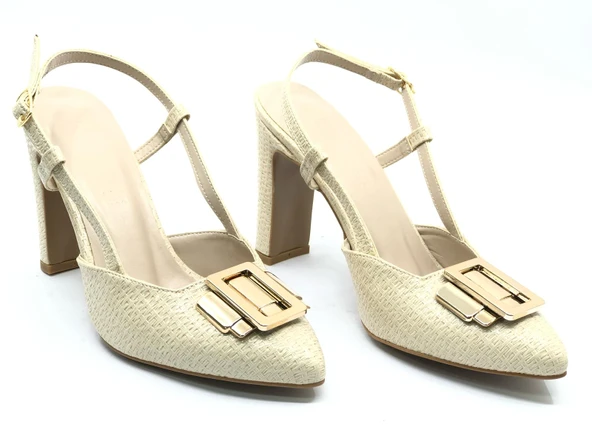 Feles Toka Detaylı Kalın Ökçe Arkası Açık Stiletto Kadın Topuklu Ayakkabı - Resim 5