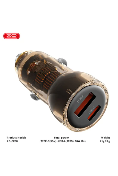 Xo CC60 Araç İçi Şarj Cihazı Type-C,60W Çift Hızlı Şarj,USB-A ve USB-C Portları,Aşırı Isınma Koruması - 6