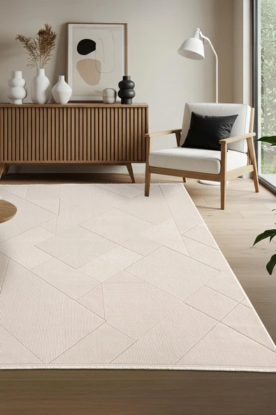 Leon LN002W Beyaz Halı Modern Desen Pamuk Taban Akrilik Tozuaz Salon Yatak Odası Koridor Halısı 80 X 300 KREM