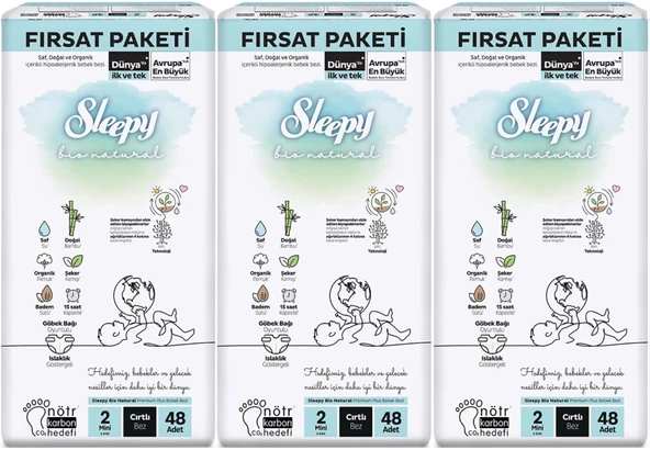 Sleepy Bebek Bezi Bio Natural Beden:2 (3-6KG) Mini 144 Adet Aylık Fırsat Pk