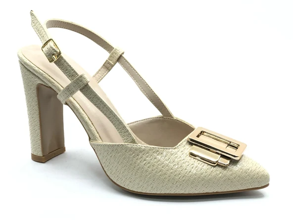 Feles Toka Detaylı Kalın Ökçe Arkası Açık Stiletto Kadın Topuklu Ayakkabı - Resim 7