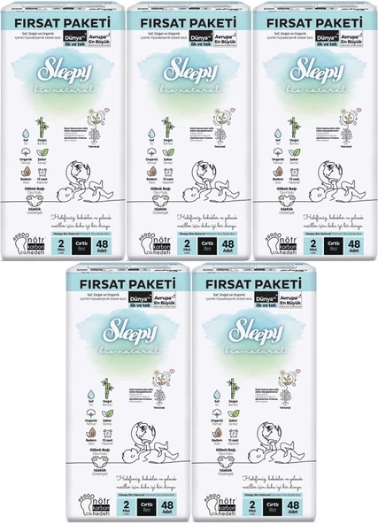 Sleepy Bebek Bezi Bio Natural Beden:2 (3-6KG) Mini 240 Adet Mega Fırsat Pk