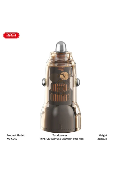 Xo CC60 Araç İçi Şarj Cihazı Type-C,60W Çift Hızlı Şarj,USB-A ve USB-C Portları,Aşırı Isınma Koruması - 5