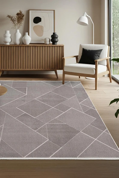 Leon LN002Z Antrasit Halı Modern Desen Pamuk Taban Akrilik Tozuaz Salon Yatak Odası Koridor Halısı 80 X 150 ANTRASIT
