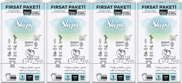 Sleepy Bebek Bezi Bio Natural Beden:1 (2-5KG) Yeni Doğan Newborn 200 Adet Avantaj Fırsat Pk