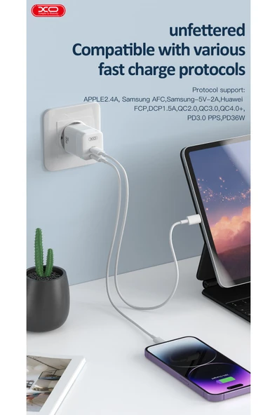 Xo Hızlı Şarj Adaptörü CE07|GaN|1 Type-C Kablo|35WMax|Akım Korumalı|Tablet,Notebook,Cep Telefonu,Konsol - Resim 2