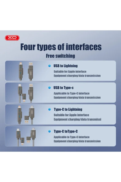 Xo 4'ü 1 Arada Şarj Kablosu NB275,60W Hızlı Şarj,Lightning/Type-C/MicroUSB,Silikon Kaplama,Çinko Alaşım - Resim 7