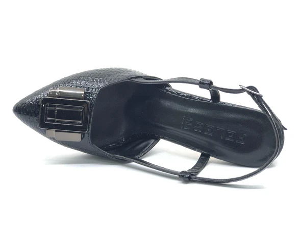 Feles Toka Detaylı Kalın Ökçe Arkası Açık Stiletto Kadın Topuklu Ayakkabı - Resim 4