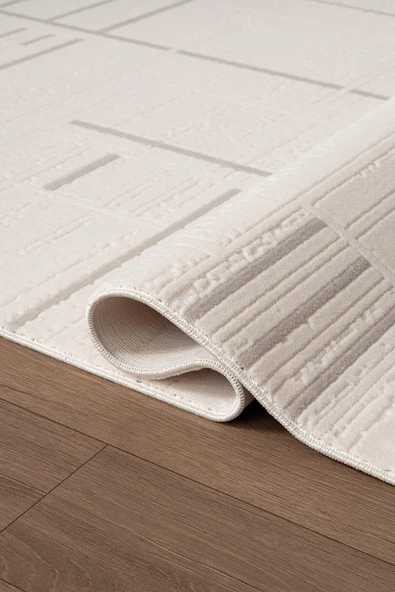 Leon LN004A Krem Halı Modern Desen Pamuk Taban Akrilik Tozuaz Salon Yatak Odası Koridor Halısı Özel Ölçü KREM - Resim 6