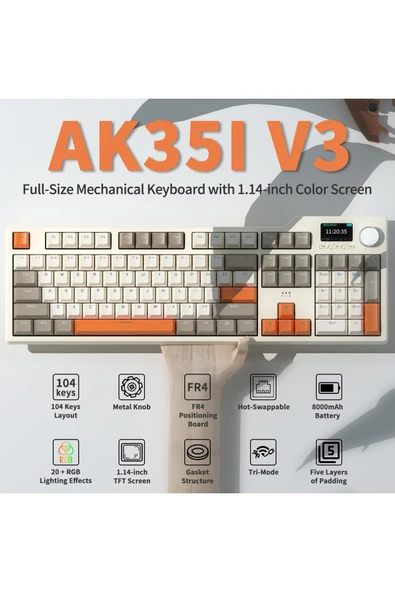 Coverzone Ajazz AK35i V3 Kablosuz Mekanik Oyuncu Klavyesi-Gasket Gövde Yapısı TFT Ekranlı Bej/Avakado Switch - 5