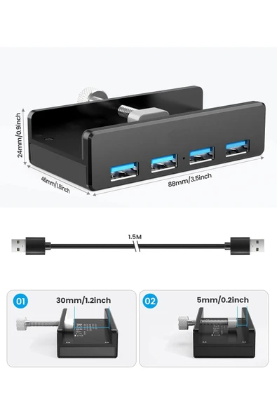 Coverzone 5 Gbps USB 3.0 Hub Kelepçe  , Ekstra Güç Kaynağı Bağlantı Noktası 4 Portlu Bölücü MH4PU Siyah uyumlu - 4