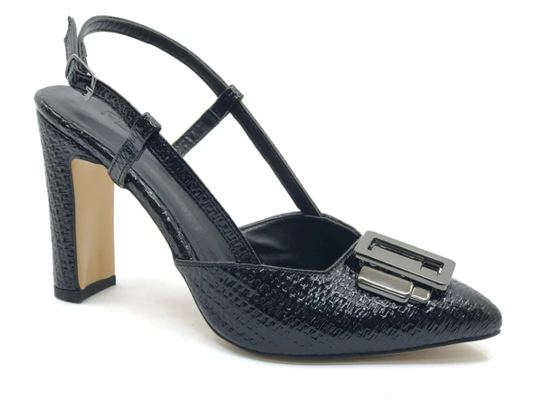 Feles Toka Detaylı Kalın Ökçe Arkası Açık Stiletto Kadın Topuklu Ayakkabı - Resim 11