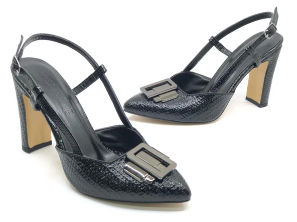 Feles Toka Detaylı Kalın Ökçe Arkası Açık Stiletto Kadın Topuklu Ayakkabı - 9