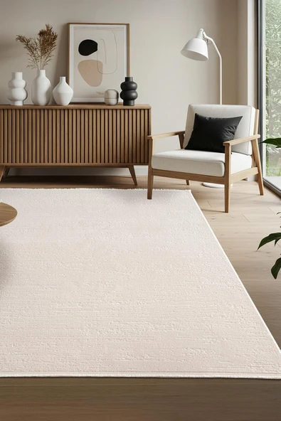 Leon LN001W Beyaz Halı Modern Desen Pamuk Taban Akrilik Tozuaz Salon Yatak Odası Koridor Halısı 80 X 150 KREM