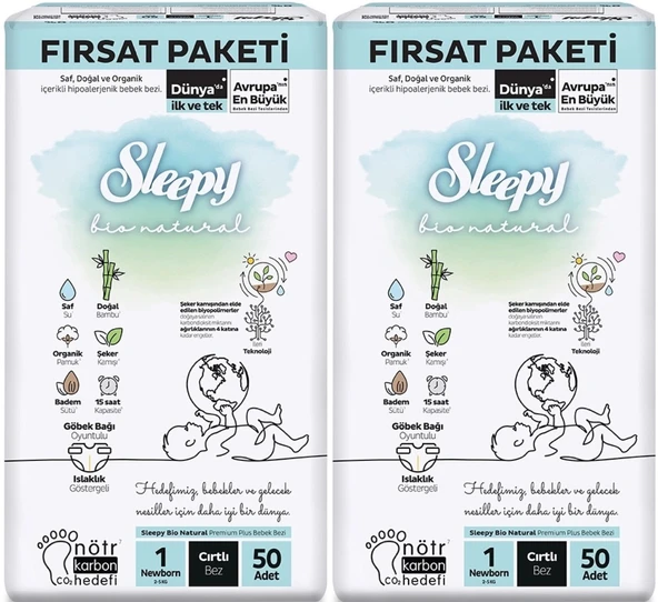 Sleepy Bebek Bezi Bio Natural Beden:1 (2-5KG) Yeni Doğan Newborn 100 Adet Ekonomik Fırsat Pk